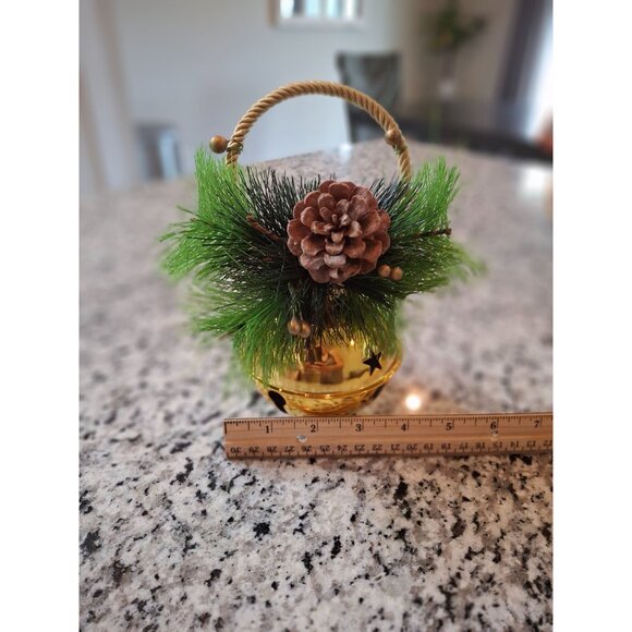 Gold Christmas Jingle Bell Ornament Pinecone Greenery Twisted Rope Handle - Picture 6 of 7